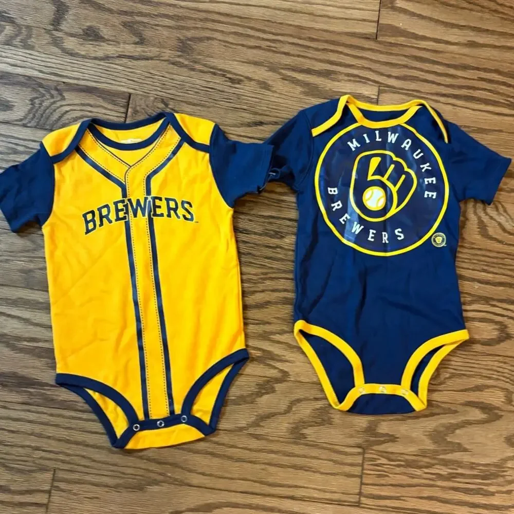 MLB Milwaukee Brewers Baby Boys' White 2pk Bodysuits Blue Yellow 24M